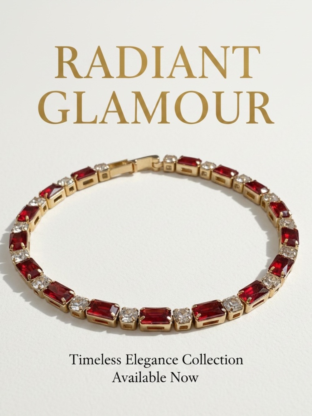 Gold Bracelet with Red and Clear Stones —